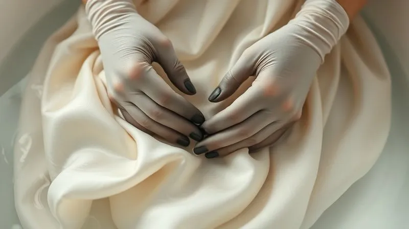 A close-up, photorealistic image of gloved hands gently submerging a delicate, cream-colored vintage silk slip dress into a basin of cool, clear water with a subtle ripple. The fabric is softly draped, showcasing its delicate texture. Soft, diffused lighting, sharp focus on the hands and dress, depth of field blurring the background. Professional photography, 8K, shot on a high-end DSLR.