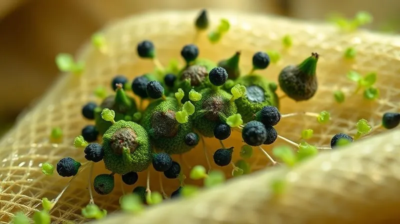 photorealistic, professional photography, 8K, cinematic lighting, sharp focus, depth of field, shot on a high-end DSLR. A microscopic view of vibrant green and black mold spores actively growing on the delicate, shimmering fibers of an antique silk fabric, illustrating the destructive process. The image should be scientifically detailed yet aesthetically compelling.