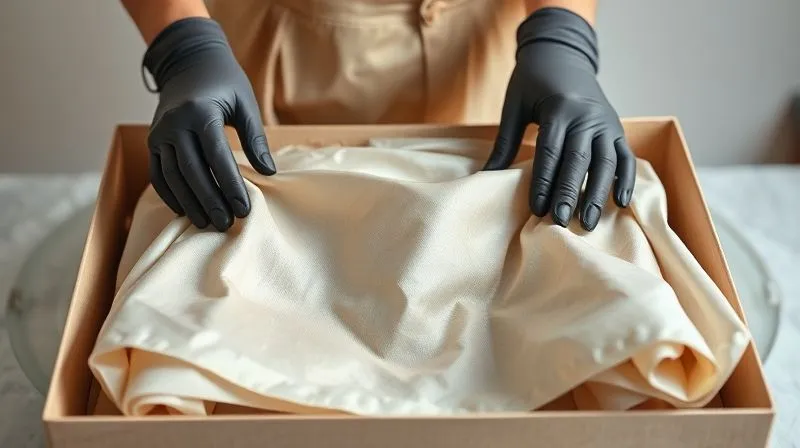 photorealistic, professional photography, 8K, cinematic lighting, sharp focus, depth of field, shot on a high-end DSLR. A pair of gloved hands meticulously folding a shimmering antique silk gown with layers of soft, white acid-free tissue paper, preparing it for placement into a sturdy, light-colored archival storage box. The background is a clean, well-lit conservation studio.