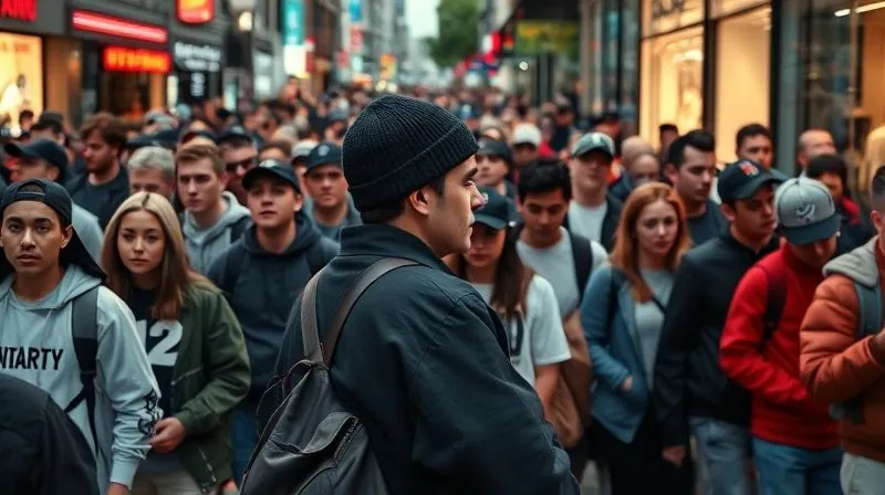 A photorealistic image of a vibrant, crowded street scene with many people wearing identical, heavily branded streetwear, looking bored and uninspired. In the foreground, one person subtly turns their head, looking towards a minimalist, unbranded piece of clothing in a shop window. Professional photography, 8K, cinematic lighting, sharp focus on the individual and the shop window, depth of field blurring the crowd, shot on a high-end DSLR, conveying a sense of fatigue and a search for something new.