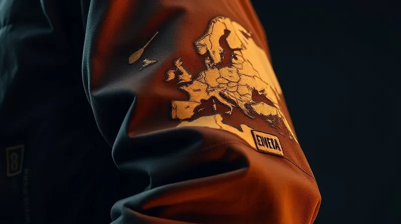 A photorealistic close-up of a streetwear jacket sleeve, intricate embroidery depicting a stylized map or a historical event, with a tiny, almost hidden brand logo stitched into the cuff. The lighting is dramatic, highlighting the texture and detail of the embroidery. Professional photography, 8K, cinematic lighting, sharp focus on the intricate design, depth of field blurring the background, shot on a high-end DSLR, evoking a sense of history and craftsmanship.