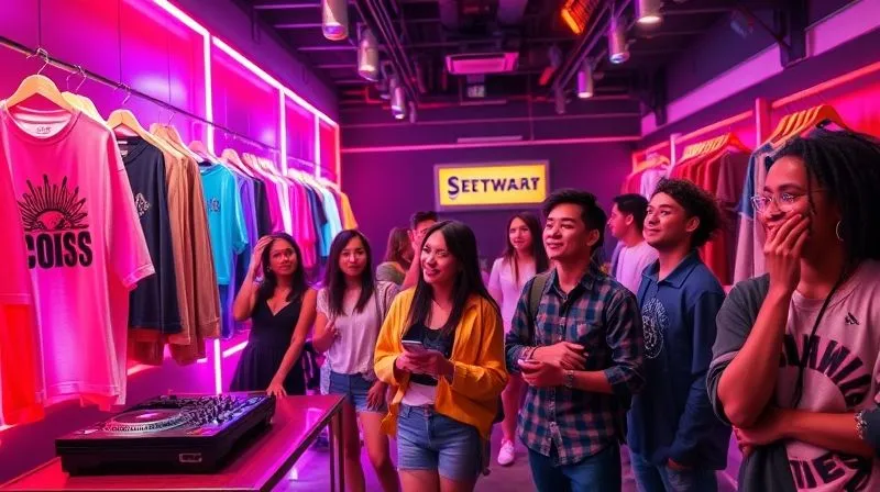 A photorealistic image of a vibrant, temporary streetwear pop-up store designed as an immersive art installation. Neon lights illuminate unique garment displays, while a DJ plays music in the background. Young, diverse people are seen interacting with the clothes and each other, some taking photos, all looking engaged and excited. Professional photography, 8K, cinematic lighting, sharp focus on the interactive elements and happy faces, depth of field blurring the background, shot on a high-end DSLR, conveying energy, community, and innovation.