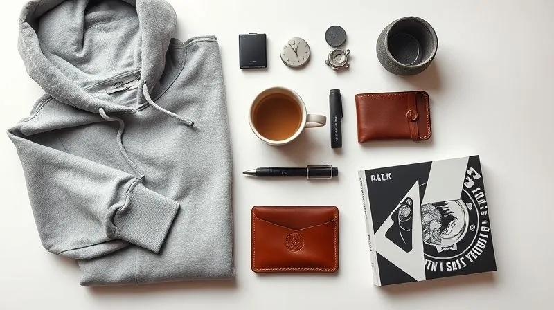 A photorealistic flat lay of diverse streetwear brand products, showcasing a cohesive aesthetic without overt logos. Items include a subtly textured hoodie, a minimalist ceramic coffee mug, a high-quality leather wallet, and a screen-printed art book. The arrangement is artfully composed on a clean, light background, emphasizing quality and design over branding. Professional photography, 8K, cinematic lighting, sharp focus on all items, depth of field subtly present, shot on a high-end DSLR, conveying versatility and sophisticated lifestyle.
