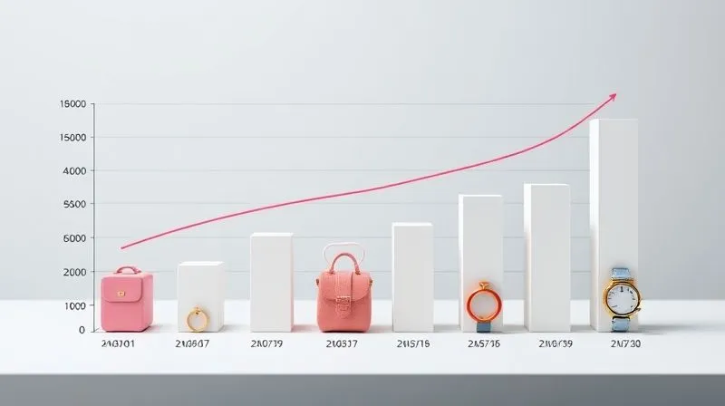 A photorealistic 3D bar chart illustrating inventory turnover rates across different luxury accessory categories over three years, with a clear upward trend in efficiency. The chart is clean, professional, and uses subtle, elegant colors. Cinematic lighting, sharp focus, depth of field, 8K, shot on a high-end DSLR.
