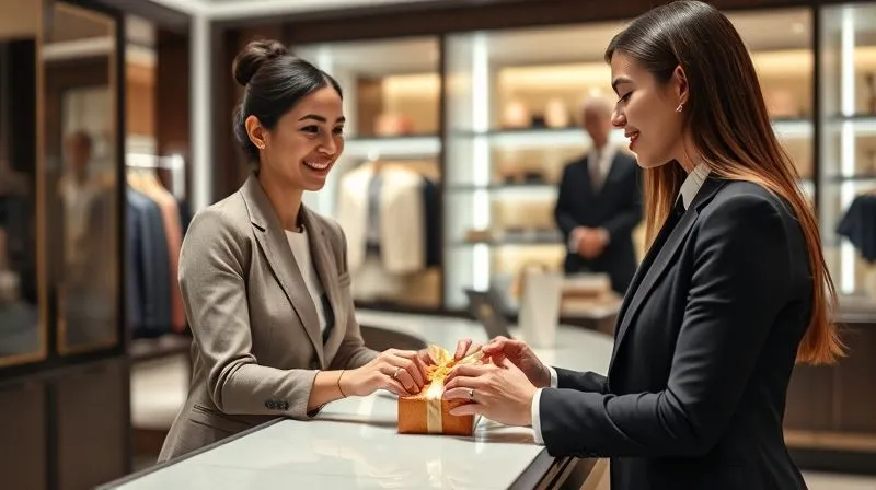 A photorealistic close-up of a luxury boutique's concierge desk, where a well-dressed customer is receiving a beautifully packaged accessory from an attentive, smiling staff member. The interaction is sophisticated and personalized, with soft, inviting lighting. Professional photography, 8K, cinematic lighting, sharp focus on the interaction, depth of field, shot on a high-end DSLR.