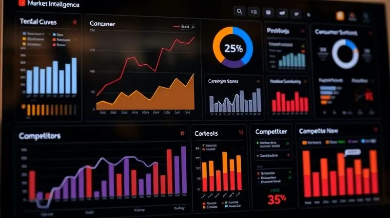 A photorealistic, highly detailed dashboard displaying various market intelligence metrics for luxury goods: trend adoption curves, consumer sentiment scores, and competitor new product launches. The interface is sleek and modern, with data visualized through elegant graphs and charts. Professional photography, 8K, cinematic lighting, sharp focus on the data, depth of field, shot on a high-end DSLR.