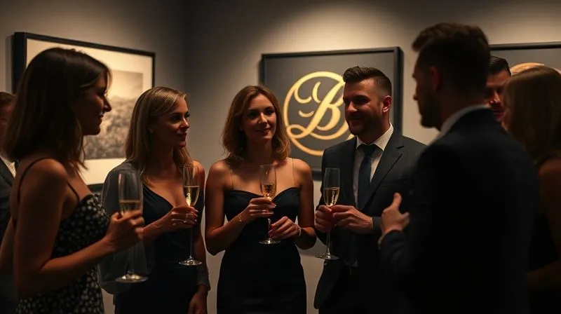 A photorealistic image of a group of elegantly dressed individuals engaging in conversation at an exclusive, dimly lit art gallery event, holding champagne flutes. A subtle, tasteful luxury brand logo is visible in the background, out of focus. Professional photography, 8K, cinematic lighting, sharp focus on the people, depth of field, shot on a high-end DSLR.