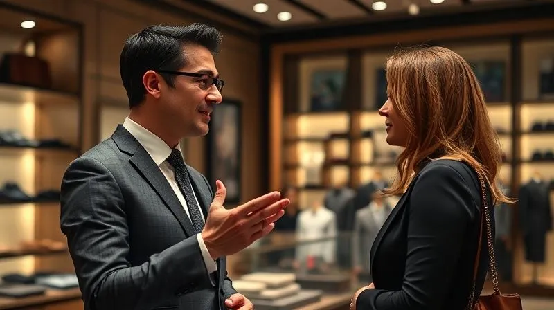 A photorealistic image of a professional luxury retail client advisor, impeccably dressed, engaging in a one-on-one conversation with a discerning client in a beautifully appointed, softly lit boutique. The advisor is making eye contact and gesturing subtly, conveying empathy and expertise. Professional photography, 8K, cinematic lighting, sharp focus on the interaction, depth of field, shot on a high-end DSLR.