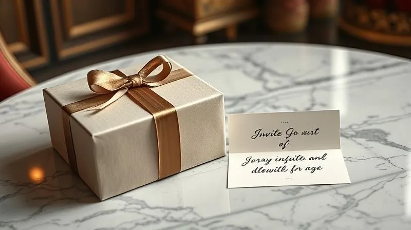 A photorealistic image of a beautifully wrapped, luxurious gift box with a subtle brand ribbon, placed on a polished marble table next to a handwritten, elegant invitation card. The setting is opulent and exclusive, suggesting a special event or personalized gesture. Professional photography, 8K, cinematic lighting, sharp focus on the gift and card, depth of field, shot on a high-end DSLR.