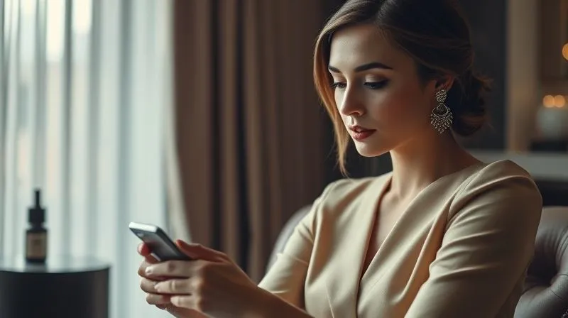 photorealistic, professional photography, 8K, cinematic lighting, sharp focus, depth of field, shot on a high-end DSLR, a sophisticated, elegantly dressed woman in a luxurious setting, subtly interacting with a high-end product, her expression genuine and thoughtful, not overtly promotional, soft, natural light, symbolizing authentic luxury influencer collaboration.