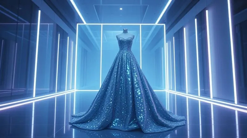 photorealistic, professional photography, 8K, cinematic lighting, sharp focus, depth of field, shot on a high-end DSLR, a meticulously crafted, shimmering digital gown, rendered with hyper-realistic textures, displayed within a futuristic, minimalist metaverse gallery, soft, ambient neon lighting highlighting its exquisite details, a sense of exclusive digital ownership and artistry.