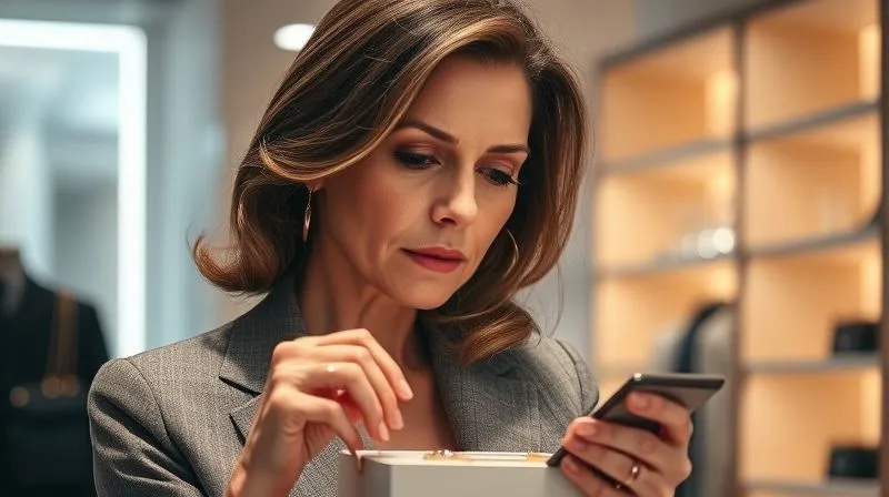 A photorealistic, highly detailed image of a sophisticated woman (late 40s, elegant, discerning) examining a luxury item in a minimalist, high-end boutique. Her expression is thoughtful and critical, reflecting deep consideration. Soft, warm cinematic lighting highlights her face and the product, with a blurred background suggesting an exclusive shopping experience. Professional photography, 8K, sharp focus on her discerning gaze, depth of field, shot on a high-end DSLR.
