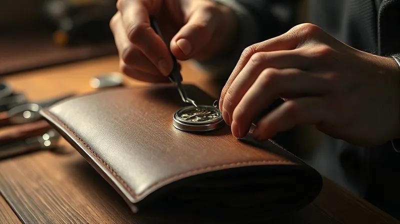 A photorealistic, close-up shot of skilled artisan hands meticulously working on a luxury product, such as a leather handbag being hand-stitched or a watch movement being assembled with precision tools. The lighting is warm and focused, highlighting the texture of the materials and the delicate movements of the hands. The background is softly blurred, emphasizing the craftsmanship. Professional photography, 8K, cinematic lighting, sharp focus on the hands and product, depth of field, shot on a high-end DSLR.