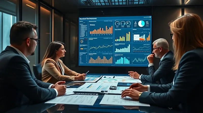 A photorealistic image of a luxury brand's executive team in a modern, sophisticated boardroom, analyzing digital dashboards and physical reports with focused expressions. A large screen displays elegant data visualizations (charts, graphs) showing sales performance and customer sentiment. The atmosphere is serious and analytical, with cinematic lighting and sharp focus on the data, reflecting strategic decision-making. Professional photography, 8K, depth of field, shot on a high-end DSLR.