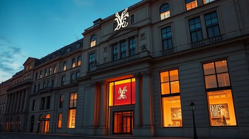 A photorealistic, majestic image of a grand, historic luxury brand flagship store at dusk, with its iconic logo subtly illuminated. The architecture is timeless and elegant, symbolizing enduring legacy. A subtle, golden light emanates from within, hinting at stories and collections held within. Professional photography, 8K, cinematic lighting, sharp focus on the architectural details, depth of field, shot on a high-end DSLR.