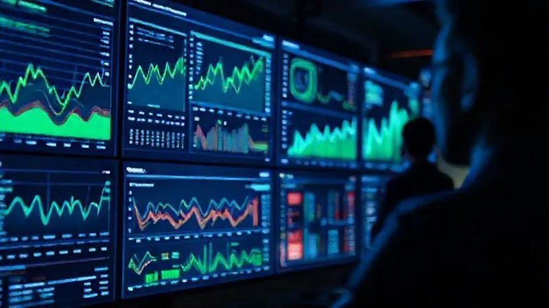 A photorealistic image of a sleek, modern analytics dashboard displaying complex sneaker sales data, trend lines, and predictive models on multiple screens. The screens are glowing with vibrant blues and greens, set in a professional, dimly lit office environment. A focused, silhouetted figure is visible in the background, hinting at strategic analysis. 8K, cinematic lighting, sharp focus on the data, depth of field.
