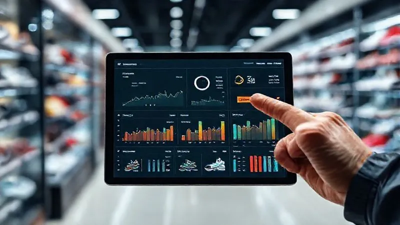 A photorealistic shot of a modern retail inventory management dashboard on a tablet, displaying real-time sales velocity, sell-through rates, and stock levels for various sneaker models. The data is presented with clear graphs and figures, with a hand pointing to a critical alert. The background is a blurred, bustling retail store. 8K, cinematic lighting, sharp focus on the tablet screen, depth of field.