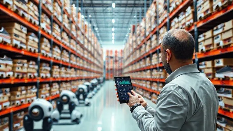 A photorealistic view inside a modern, automated sneaker warehouse, showcasing efficient inventory management. Robots are moving shelves of neatly stacked sneaker boxes. In the foreground, a human manager is reviewing data on a handheld device, with dynamic inventory levels and real-time movement displayed. The scene is clean, organized, and brightly lit, emphasizing efficiency and control. 8K, cinematic lighting, sharp focus on the manager and device, depth of field.