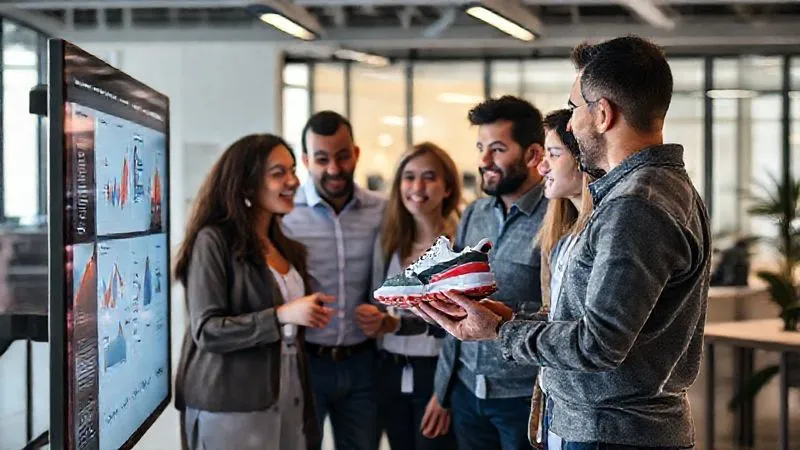 A photorealistic shot of a diverse, collaborative team of professionals gathered around a large interactive screen in a modern, brightly lit office. They are engaged in a lively discussion, pointing at graphs and data related to sneaker trends. One person holds a physical sneaker, connecting digital insights with tangible product. The atmosphere is energetic and innovative, showing teamwork and shared expertise. 8K, cinematic lighting, sharp focus on the team and screen, depth of field.