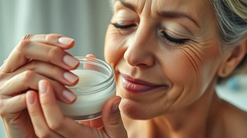 photorealistic, professional photography, 8K, cinematic lighting, sharp focus, depth of field. A close-up of a mature woman gently applying a rich, hydrating moisturizer to her radiant, supple skin, her eyes closed in contentment. The textures of the cream and skin are hyper-detailed, suggesting deep hydration and care.