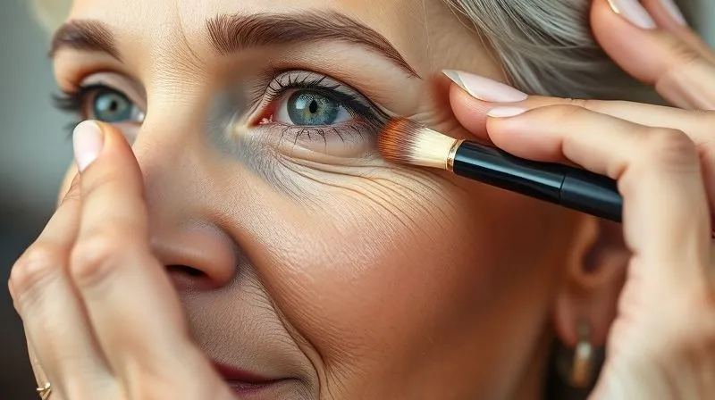 photorealistic, professional photography, 8K, cinematic lighting, sharp focus, depth of field. A close-up of a mature woman’s face, showing a beauty expert’s hands gently tapping concealer with a small brush under her eye. The focus is on the delicate application technique, with soft light highlighting the smooth, hydrated skin.