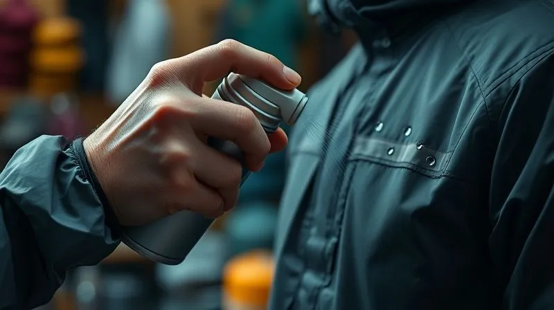 A photorealistic, close-up shot of an individual's hands carefully applying a spray-on DWR treatment to the outer fabric of a waterproof jacket, with water droplets visibly beading off a treated section. The background is a blurred outdoor gear workshop, cinematic lighting, sharp focus on the hands and spray. 8K detail.
