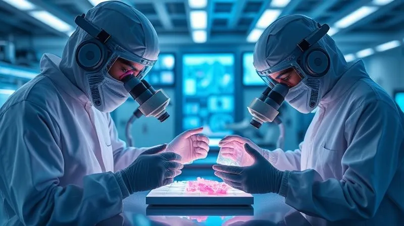 A photorealistic image of a futuristic textile research lab, with scientists in cleanroom suits examining glowing, transparent fabric samples under advanced microscopes. Holographic displays show molecular structures and performance data. Cinematic lighting, sharp focus on the innovative materials, depth of field blurring the background. 8K, professional science photography.