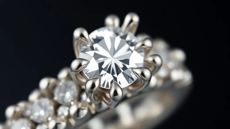 A highly magnified, photorealistic image of a micro-pavé setting, showing tiny diamonds held by delicate prongs, with a slight imperfection on one prong, 8K, cinematic lighting, sharp focus.