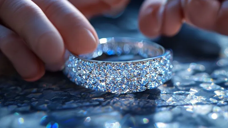 A photorealistic, professional photography, 8K, cinematic lighting, sharp focus, depth of field, shot on a high-end DSLR of a beautifully finished custom micro-pavé diamond ring, sparkling under bright light, being carefully inspected by a pair of gloved hands using a jeweler's loupe, emphasizing quality control and attention to detail.
