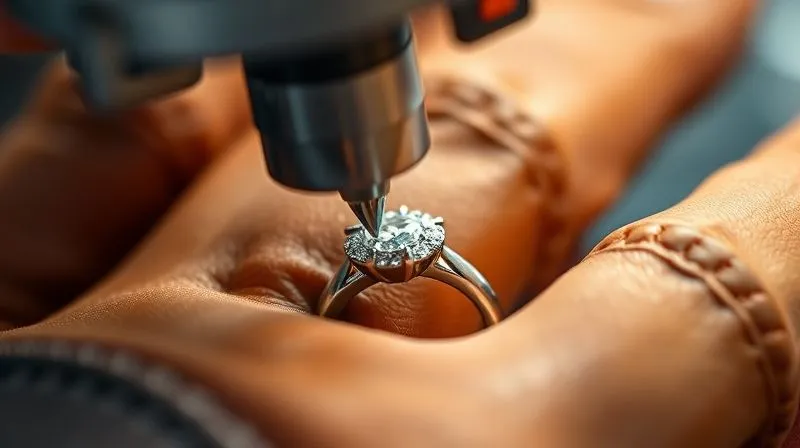Close-up, photorealistic image of a jeweler's hand, wearing a leather finger cot, using a microscope and a specialized, fine-tipped setting tool to meticulously secure a tiny micro-pavé diamond into a custom ring, with the surrounding metal precisely shaped, sharp focus on the delicate process, professional photography, 8K, cinematic lighting, depth of field.