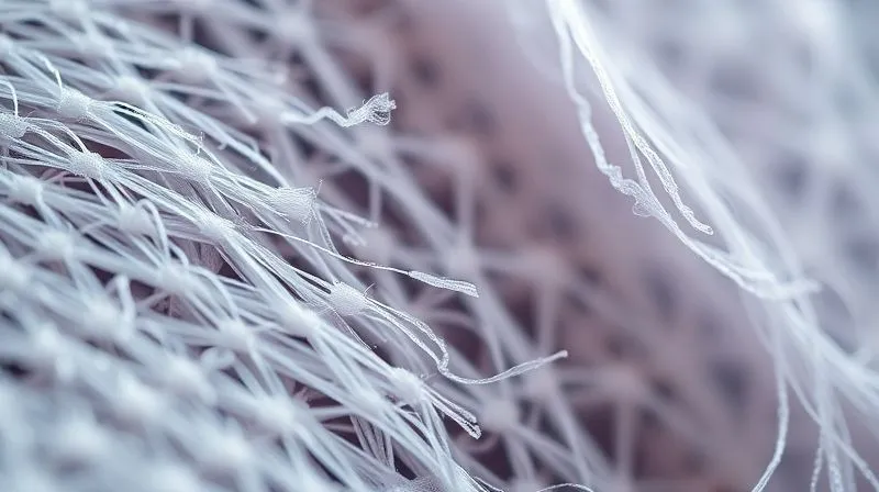 Photorealistic, professional photography, 8K, cinematic lighting, sharp focus, depth of field. A high-magnification close-up of synthetic fabric fibers, showing some intact, tightly woven strands alongside visibly loose, detached microfibers, as if viewed through a sophisticated microscope in a textile lab. The background is a scientific display of fiber morphology data, conveying the detailed examination of textile structures.