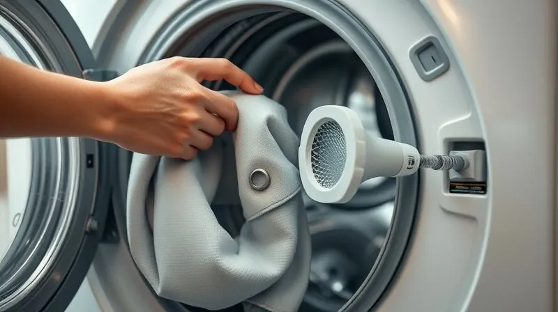 Photorealistic, professional photography, 8K, cinematic lighting, sharp focus, depth of field. A person's hands gently placing a synthetic garment into a modern washing machine. A visible, high-tech microplastic filter is clearly attached to the machine's drain hose, emphasizing consumer action. The scene is clean and domestic, with soft, natural light, conveying responsibility and care.