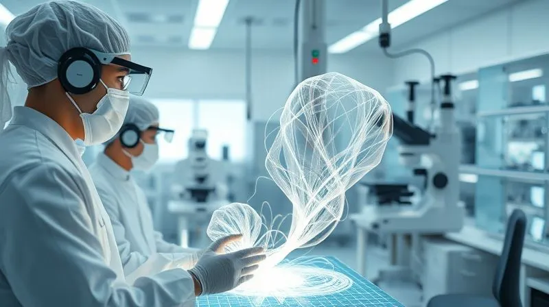 Photorealistic, professional photography, 8K, cinematic lighting, sharp focus, depth of field. A futuristic textile laboratory scene, with scientists in cleanroom attire examining glowing, translucent biodegradable synthetic fibers under advanced holographic displays and microscopes. The lab environment is sleek and minimalist, emphasizing innovation and sustainability. The light source highlights the intricate details of the fibers, symbolizing groundbreaking material science.