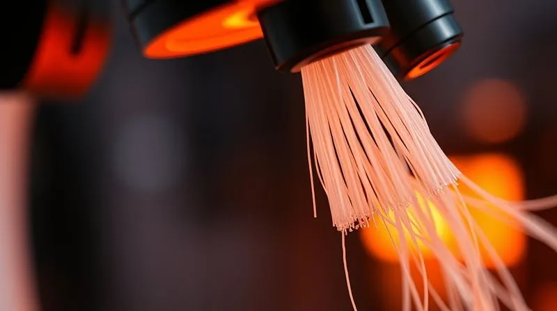 A photorealistic close-up of a futuristic, engineered synthetic fiber under a powerful microscope. The fiber exhibits a smooth, tightly bound structure, with no visible loose ends. The background is a blurred, glowing representation of a laboratory environment, emphasizing innovation. Professional photography, 8K, cinematic lighting, sharp focus, depth of field, shot on a high-end DSLR.