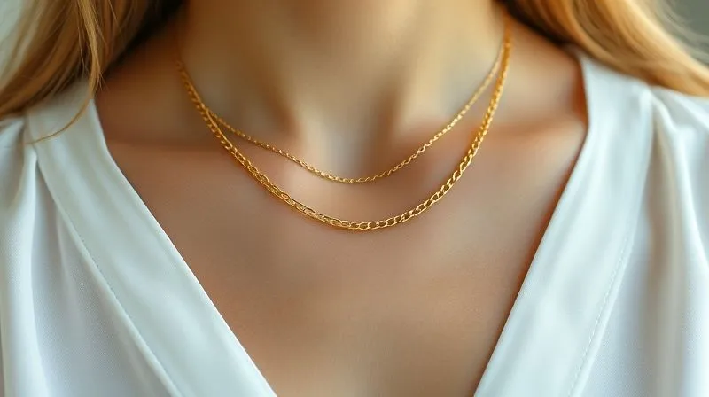 A close-up, photorealistic, professional photography shot of a woman's décolletage, showing two delicate gold chain necklaces of slightly different lengths layered over a crisp white blouse. Sharp focus on the jewelry, soft background blur, cinematic lighting, 8K hyper-detailed, shot on a high-end DSLR.