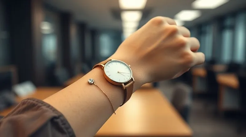 A close-up, photorealistic shot of a woman's wrist adorned with a thin, minimalist watch with a white face and a single, delicate bracelet featuring a tiny, pale blue gemstone. The background is a blurred professional office environment, cinematic lighting, sharp focus, 8K hyper-detailed, shot on a high-end DSLR.