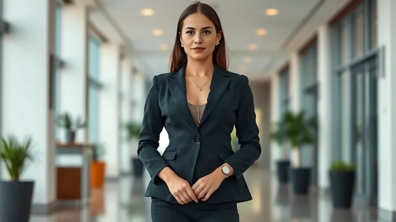 A full-body, photorealistic image of a professional woman in an impeccably tailored dark blazer and trousers, standing confidently in a modern office lobby. Her minimalist accessories (delicate layered necklaces, a small watch, simple stud earrings) are subtly visible, enhancing her polished and authoritative look. Soft, natural lighting, sharp focus, depth of field, 8K hyper-detailed, shot on a high-end DSLR.