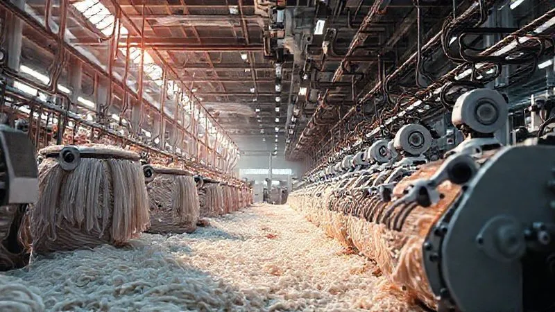 Photorealistic, professional photography, 8K, cinematic lighting, sharp focus, depth of field, shot on a high-end DSLR. A futuristic textile recycling facility, with robotic arms sorting fabrics and intricate machinery processing materials into new fibers, bathed in soft, optimistic light, symbolizing innovation and circular economy.