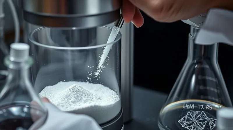 photorealistic, professional photography, 8K, cinematic lighting, sharp focus, depth of field, shot on a high-end DSLR. A close-up of a jeweler carefully mixing investment powder and liquid in a vacuum mixer, with a platinum wax pattern visible in a flask nearby. The scene is clean and precise, emphasizing scientific rigor in preparation.