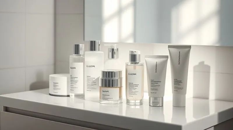 Photorealistic, professional photography, 8K, cinematic lighting, sharp focus, depth of field, shot on a high-end DSLR: A beautifully arranged set of high-end skincare products (cleanser, toner, lightweight moisturizer, and a mattifying primer) on a sleek, minimalist vanity, with soft, natural light illuminating them, suggesting a meticulous morning preparation ritual for oily skin.