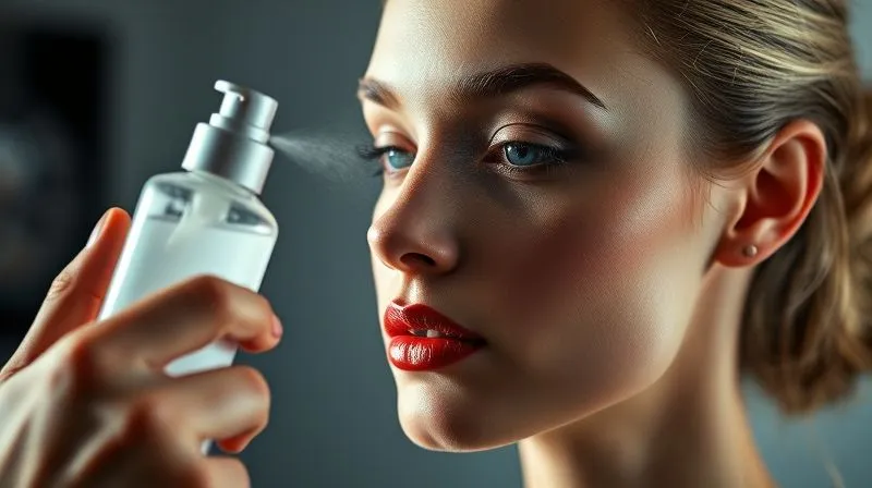 Photorealistic, professional photography, 8K, cinematic lighting, sharp focus, depth of field, shot on a high-end DSLR: A close-up of a professional makeup artist gently misting a fine, invisible setting spray over a model's flawlessly made-up face, the spray bottle held slightly away, creating a soft, ethereal glow on the model's perfect complexion, against a blurred studio background, emphasizing product application.