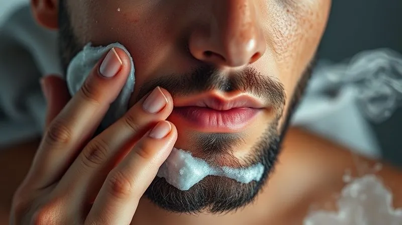 Photorealistic close-up of a man gently applying a facial scrub to his jawline, steam rising from a hot towel in the background, professional photography, 8K, cinematic lighting, sharp focus, depth of field, shot on a high-end DSLR.