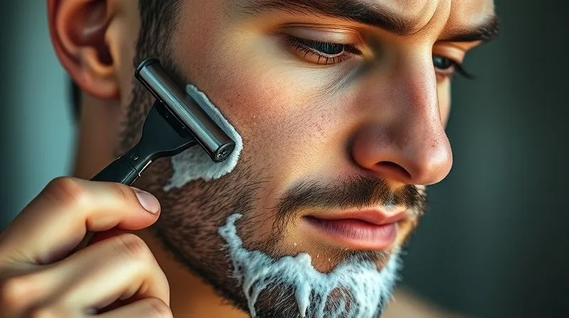 A photorealistic close-up of a man expertly holding a safety razor, shaving with the grain on his cheek, focused expression, water droplets visible on skin, professional photography, 8K, cinematic lighting, sharp focus, depth of field, shot on a high-end DSLR.
