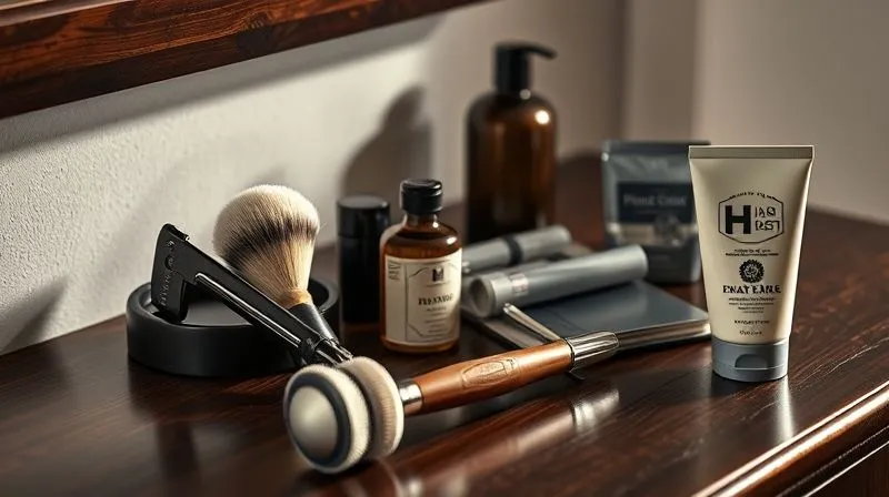 A photorealistic image of a sophisticated men's grooming kit laid out on a dark wooden vanity, featuring a classic safety razor, badger brush, pre-shave oil, shaving cream, and aftershave balm, with soft, warm light illuminating the scene. Professional photography, 8K, cinematic lighting, sharp focus, depth of field, shot on a high-end DSLR.