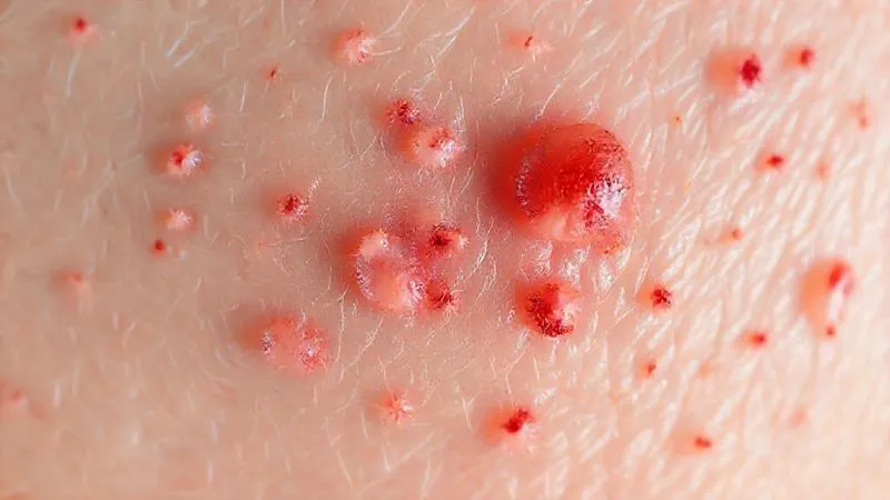 A photorealistic microscopic view of inflamed skin with small red bumps and irritated hair follicles, depicting razor burn, professional photography, 8K, cinematic lighting, sharp focus, depth of field, shot on a high-end DSLR.