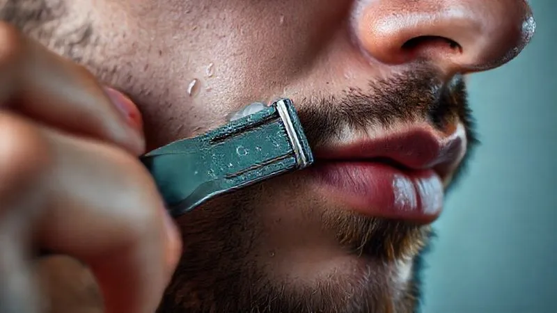 A photorealistic close-up of a man's hand gently guiding a single-blade safety razor across his cheek, following the grain of the hair. Water droplets are visible on the blade, professional photography, 8K, cinematic lighting, sharp focus, depth of field, shot on a high-end DSLR.