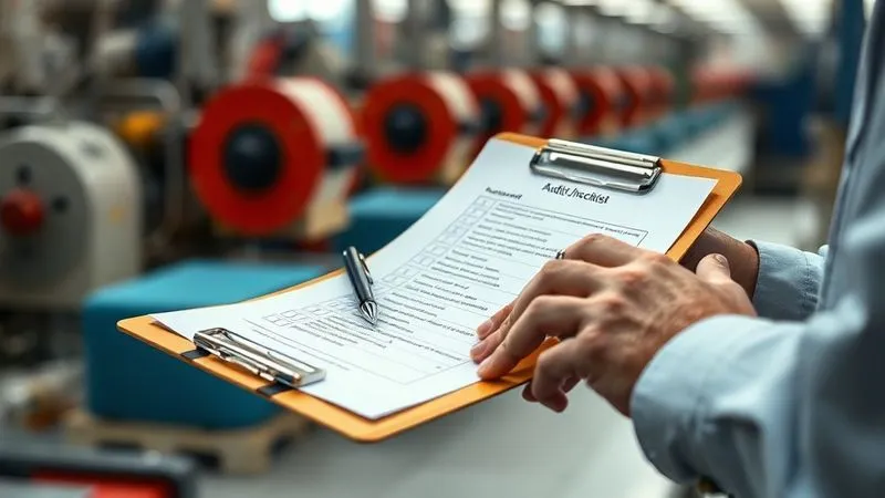 A photorealistic, professional photography, 8K, cinematic lighting, sharp focus, depth of field, shot on a high-end DSLR. A close-up of a clipboard with a detailed audit checklist, a pen resting on it, and a pair of hands (one showing a slight weariness, the other determined) reviewing documents in a textile factory setting, with blurred machinery in the background. The lighting is bright and clean, emphasizing scrutiny and transparency.