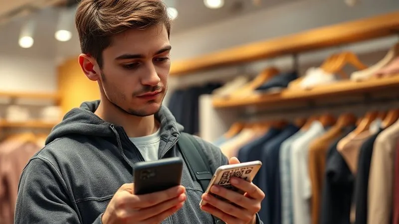A photorealistic, professional photography, 8K, cinematic lighting, sharp focus, depth of field, shot on a high-end DSLR. A young, engaged consumer with a thoughtful expression is examining a product label with a QR code, using their smartphone to scan it. The background is a soft-focus, ethically sourced apparel store, conveying a sense of transparency and informed choice. The lighting is warm and inviting, highlighting the act of discovery.