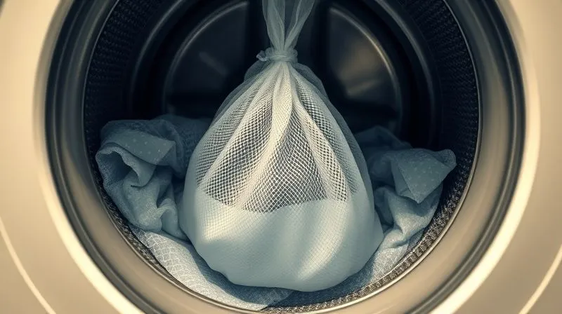 A photorealistic close-up of a washing machine drum, with a delicate mesh laundry bag containing a smart textile garment gently tumbling in cold, clear water. Cinematic lighting highlights the gentle movement, sharp focus on the bag. 8K hyper-detailed. Shot on a high-end DSLR.