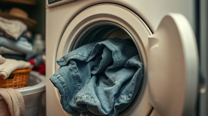 A photorealistic image of a cluttered laundry room, with a delicate responsive textile garment visibly tangled with heavy denim jeans in a washing machine, symbolizing common washing mistakes. Cinematic lighting, sharp focus on the tangled items, depth of field blurring the background. 8K hyper-detailed. Shot on a high-end DSLR.